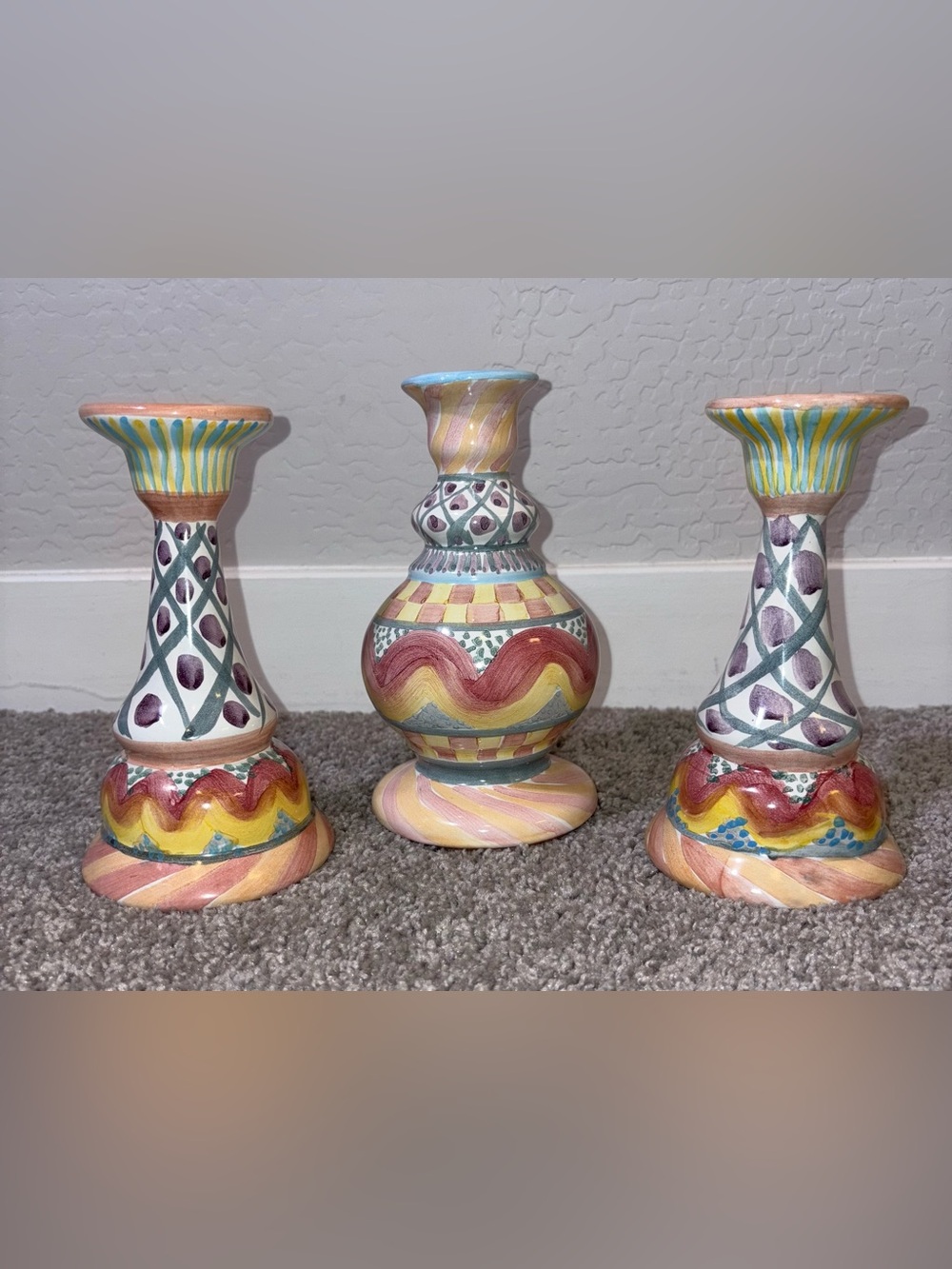 3 Mackenzie-Childs Vintage Taylor Keukenhof candle stick holders